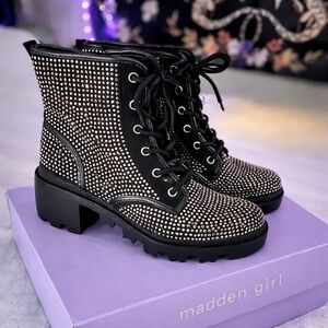 Madden Girl Rhinestone Combat Boots Size 8 Block Heel NWOT